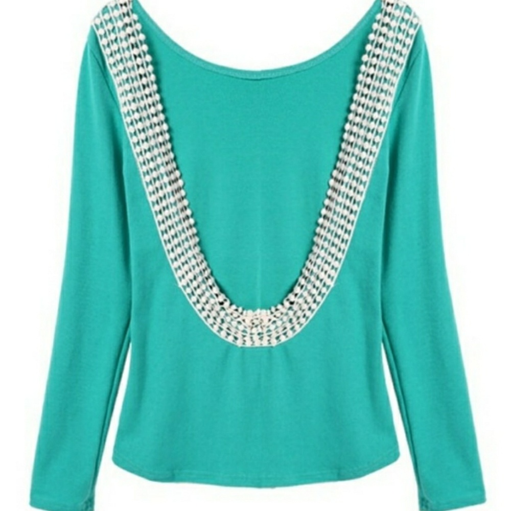 Green open back blouse w/ embroidery - Picture 4 of 5